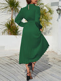 Momentlover Tied Waist Solid Color Pleated Hollow Long Sleeves High Waisted Mock Neck Midi Dresses