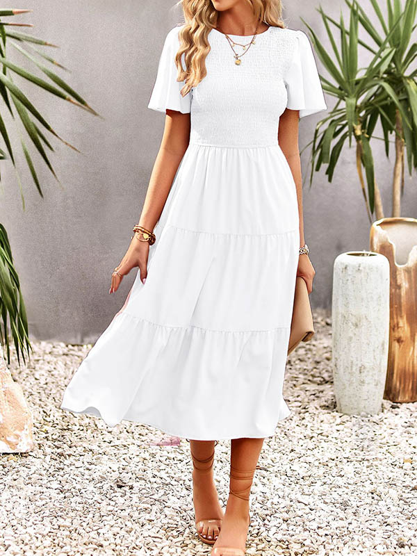 Momentlover Solid Color Elastics Short Sleeves Loose Round-neck Midi Dresses