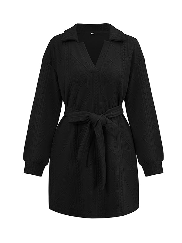 Momentlover Tied Waist Solid Color Jacquard Long Sleeves V-neck Mini Dresses