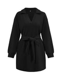 Momentlover Tied Waist Solid Color Jacquard Long Sleeves V-neck Mini Dresses