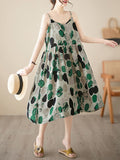 Momentlover Split-Joint Printed Pleated Sleeveless Loose Spaghetti-Neck Midi Dresses