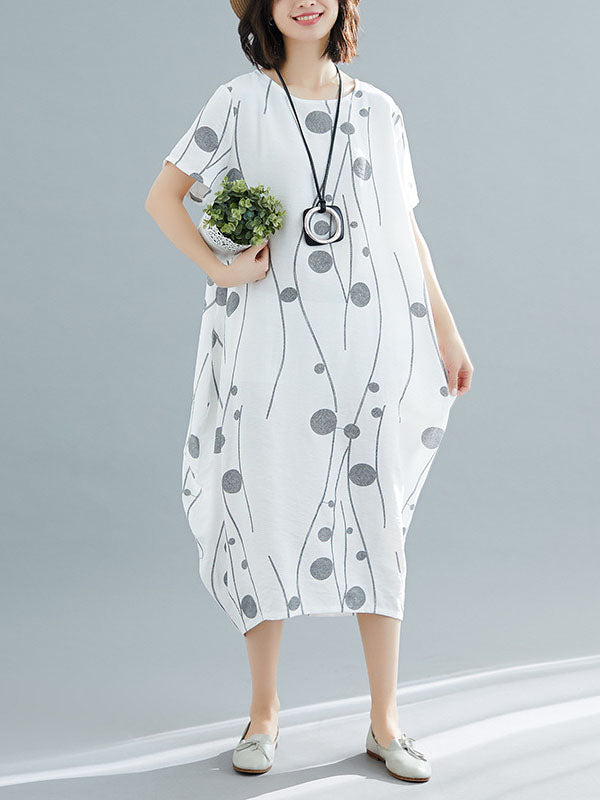 Momentlover Printed Short Sleeves Loose Round-neck Midi Dresses