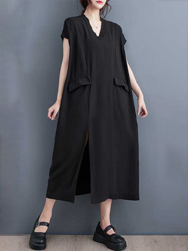 Momentlover Split-Joint Split-Front Solid Color Short Sleeves Loose V-Neck Midi Dresses