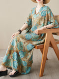 Momentlover Printed Short Sleeves Loose V-Neck Maxi Dresses