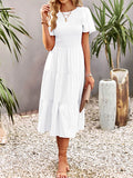 Momentlover Solid Color Elastics Short Sleeves Loose Round-neck Midi Dresses