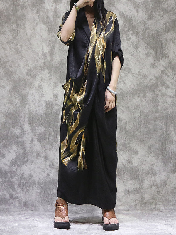 Momentlover Split-back Printed Pockets Loose Long Sleeves V-neck Maxi Dresses