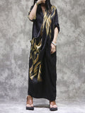 Momentlover Split-back Printed Pockets Loose Long Sleeves V-neck Maxi Dresses