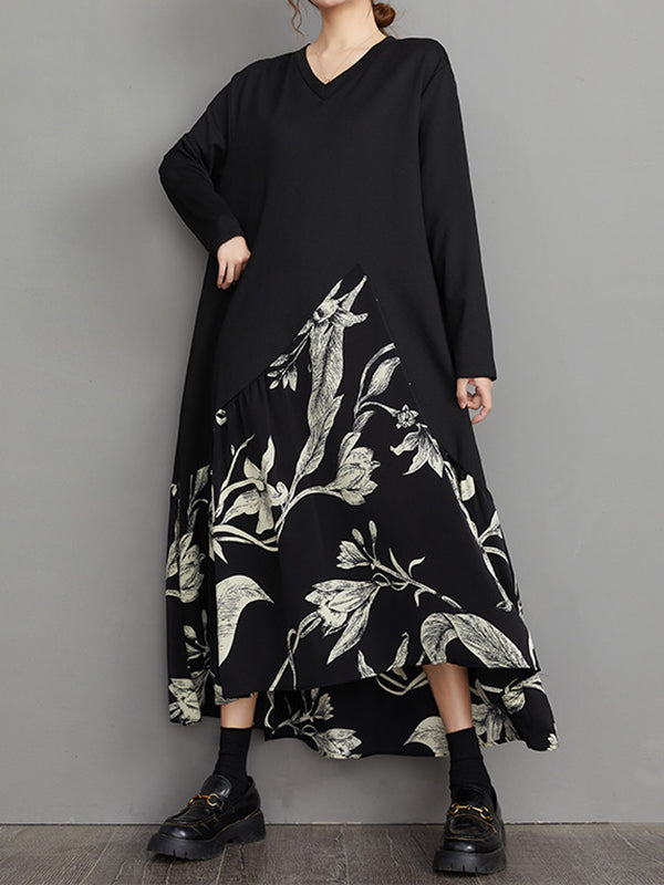 Momentlover Split-Joint Flower Print Asymmetric Loose Long Sleeves V-Neck Midi Dresses