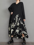 Momentlover Split-Joint Flower Print Asymmetric Loose Long Sleeves V-Neck Midi Dresses