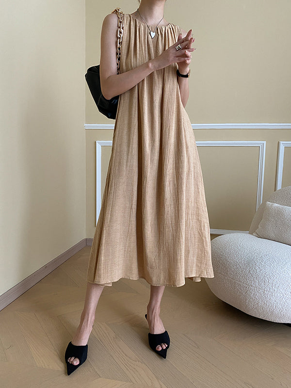 Momentlover Solid Color Pleated Sleeveless Loose Round-Neck Midi Dresses