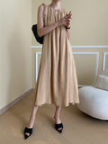 Momentlover Solid Color Pleated Sleeveless Loose Round-Neck Midi Dresses