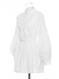 Momentlover Vacation Long Sleeves Puff Sleeves Embroidered Solid Color Stand Collar Mini Dresses
