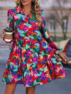 Momentlover Split-Joint Printed Pleated Floral Printed Puff Sleeves Loose Lapel Mini Dresses