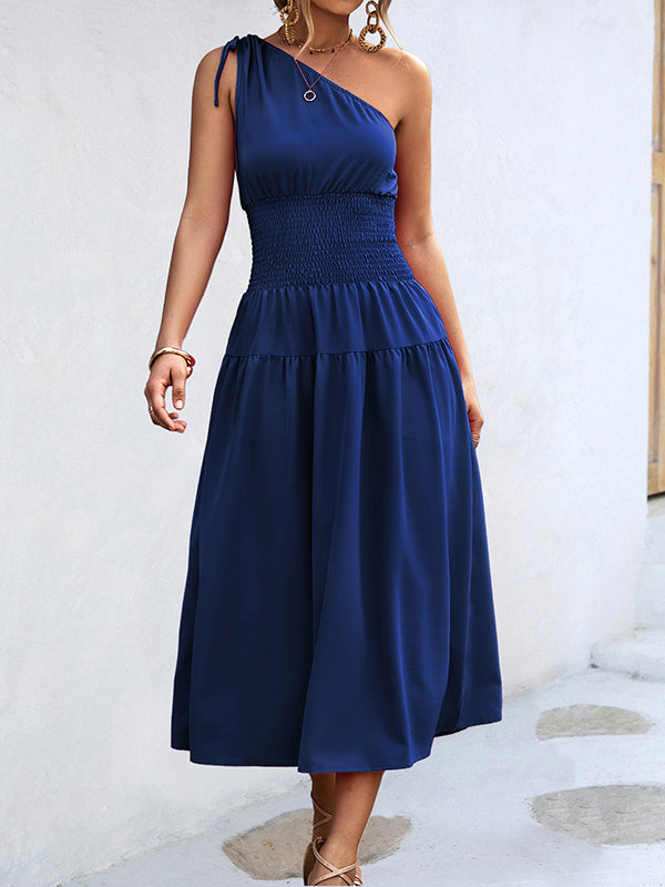 Momentlover Solid Color Sleeveless One-shoulder Midi Dresses