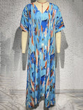 Momentlover Printed Multi-Colored Short Sleeves Loose V-neck Maxi Dresses