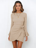 Momentlover Simple Long Sleeves Skinny Tied Falbala Solid Color Round-Neck Mini Dresses