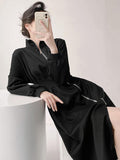 Momentlover Zipper Split-Front Asymmetric Long Sleeves High Neck Midi Dresses