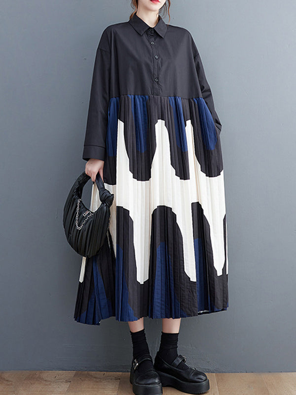 Momentlover Split-Joint Printing Pleated Contrast Color Loose Long Sleeves Polo Midi Dresses