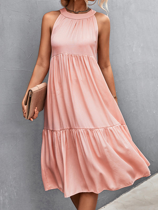 Momentlover Split-Joint Solid Color Pleated Hollow Sleeveless Loose Halter-Neck Midi Dresses