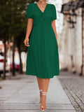 Momentlover Split-Joint Solid Color Pleated Knot Elasticity Short Sleeves Puff Sleeves V-neck Midi Dresses