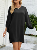 Momentlover Solid Color Three-Quarter Sleeves Puff Sleeves Round-Neck Mini Dresses