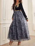 Momentlover Split-Joint Flower Print Embroidered Long Sleeves High Waisted V-Neck Maxi Dresses