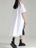 Momentlover Split-Joint Contrast Color Asymmetric Short Sleeves Loose Lapel Shirt Dress Midi Dresses