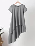 Momentlover Split-Joint Solid Color Asymmetric Short Sleeves Plus Size Round-Neck Midi Dresses