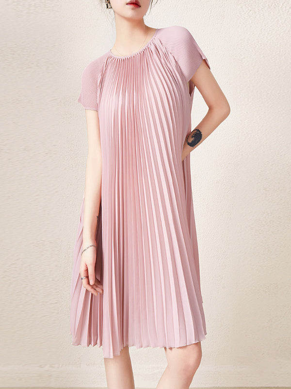 Momentlover Urban Loose Pleated Solid Color Round-Neck Mini Dresses