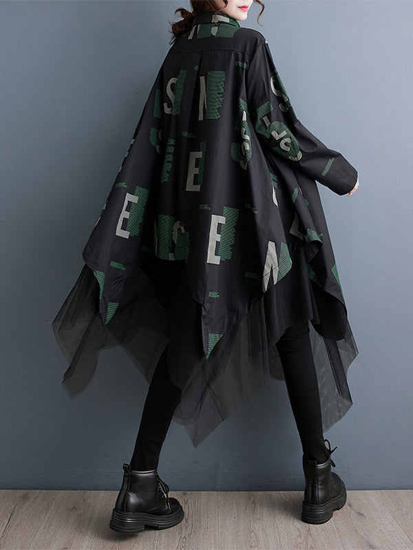 Momentlover Split-Joint Mesh Letter Print Buttoned Loose Long Sleeves Lapel Shirt Dress Midi Dresses