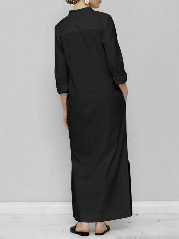 Momentlover Split-Joint Solid Color Plus Size Loose V-Neck Maxi Dresses