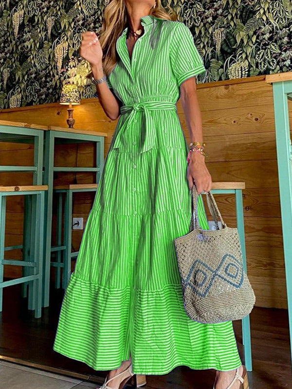 Momentlover Striped Short Sleeves Loose Lapel Maxi Dresses