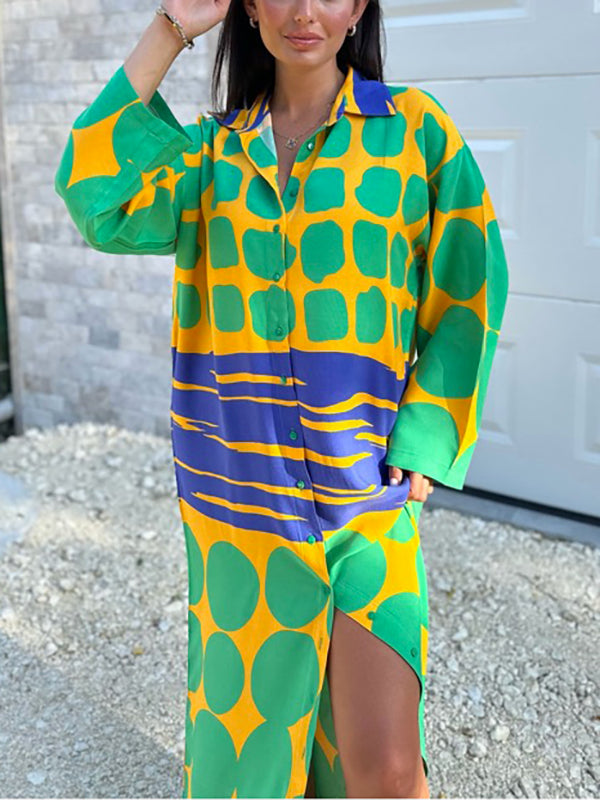 Momentlover Printed Buttoned Loose Long Sleeves Lapel Shirt Dress Maxi Dresses