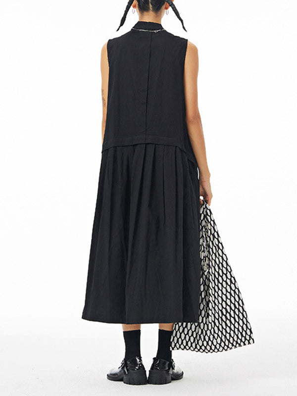 Momentlover Solid Color Pleated Sleeveless Loose Stand Collar Shirt Dress Midi Dresses