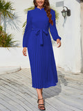Momentlover Tied Waist Solid Color Pleated Hollow Long Sleeves High Waisted Mock Neck Midi Dresses