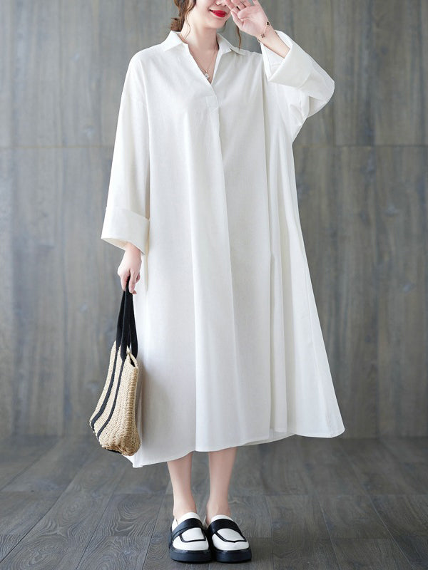 Momentlover Solid Color Buttoned Loose Long Sleeves V-Neck Shirt Dress Midi Dresses