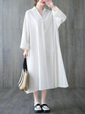 Momentlover Solid Color Buttoned Loose Long Sleeves V-Neck Shirt Dress Midi Dresses