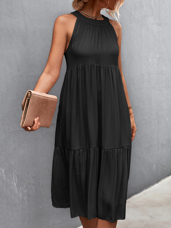 Momentlover Split-Joint Solid Color Pleated Hollow Sleeveless Loose Halter-Neck Midi Dresses