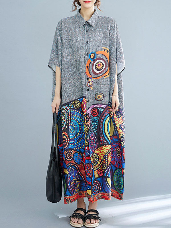 Momentlover Printed Loose Batwing Sleeves Lapel Midi Dresses
