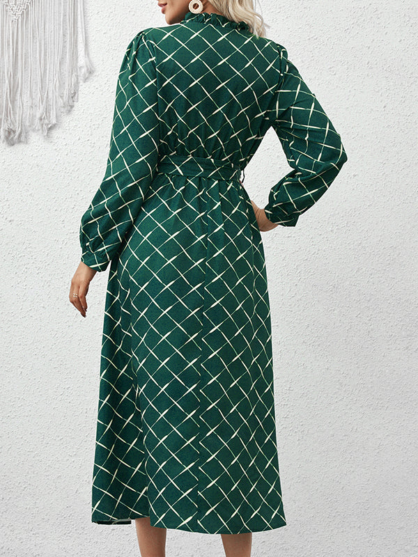 Momentlover Tied Waist Split-Joint Pleated Lace-Up Puff Sleeves Loose Stand Collar Midi Dresses