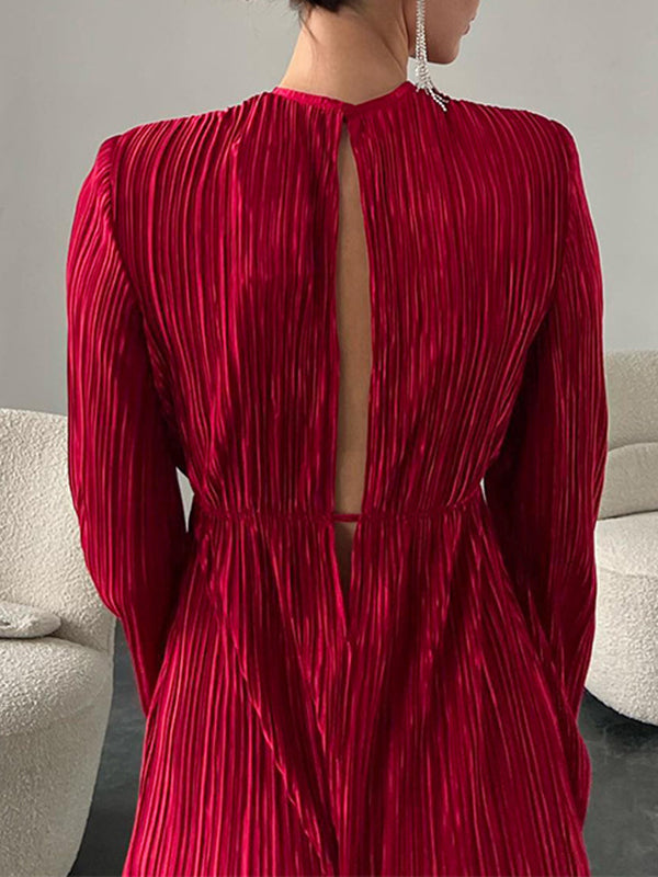 Momentlover Solid Color Pleated Hollow Backless Loose Long Sleeves Round-Neck Midi Dresses