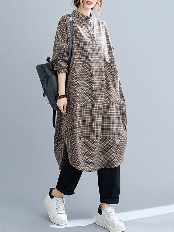 Momentlover Vintage Plaid Irregularity Shirt Dresses