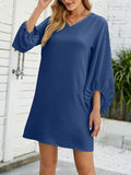 Momentlover Solid Color Ruffled Puff Sleeves Loose V-Neck Mini Dresses