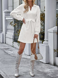 Momentlover Tied Waist Solid Color Jacquard Long Sleeves V-neck Mini Dresses