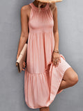 Momentlover Split-Joint Solid Color Pleated Hollow Sleeveless Loose Halter-Neck Midi Dresses