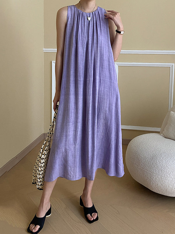 Momentlover Solid Color Pleated Sleeveless Loose Round-Neck Midi Dresses