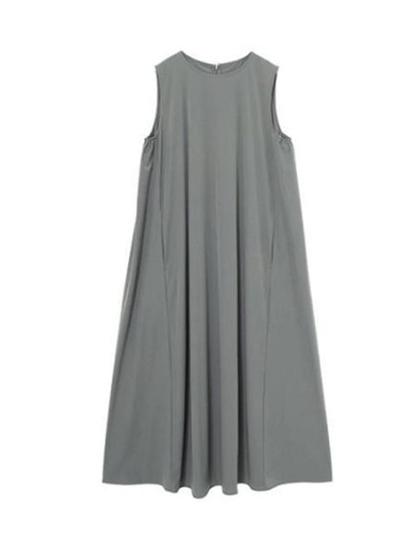 Momentlover Solid Color Sleeveless Loose Round-Neck Midi Dresses