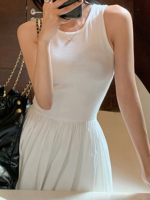 Momentlover Split-Joint Solid Color Pockets Pleated Sleeveless High Waisted Round-Neck Midi Dresses