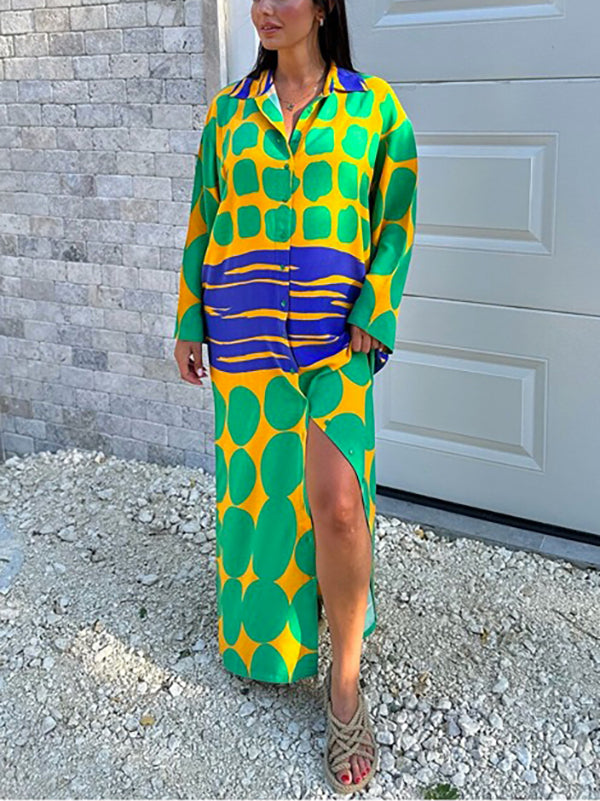 Momentlover Printed Buttoned Loose Long Sleeves Lapel Shirt Dress Maxi Dresses