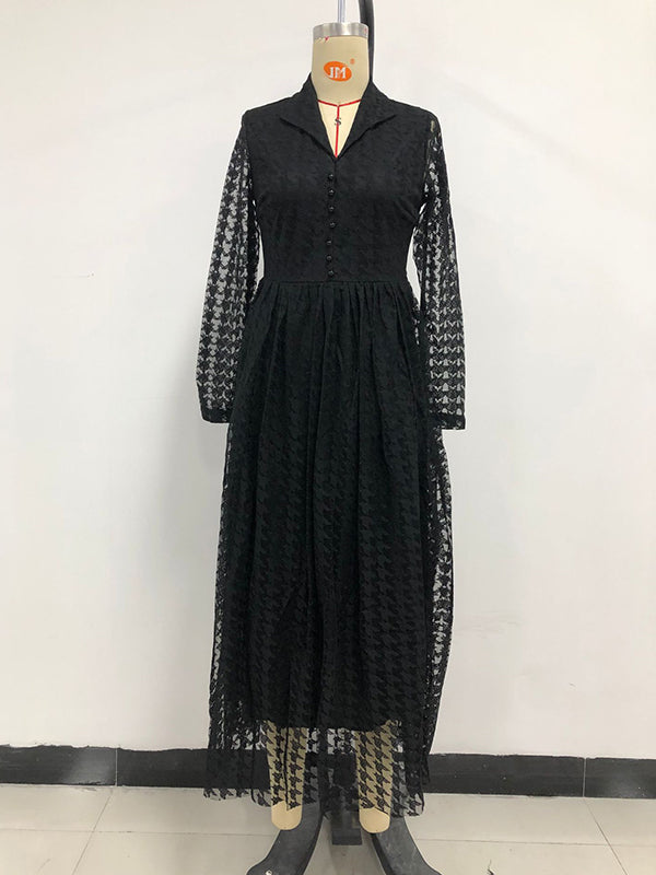 Momentlover Solid Color See-Through Gauze Buttoned Long Sleeves High Waisted V-Neck Maxi Dresses